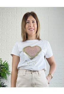 Camiseta corazón lentejuelas blanca