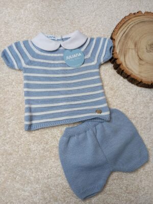 Conjunto pantalón punto rayado cielo y blanco