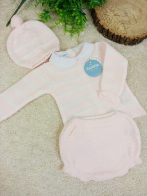 Conjunto 3 piezas braga punto rayado rosa y blanca