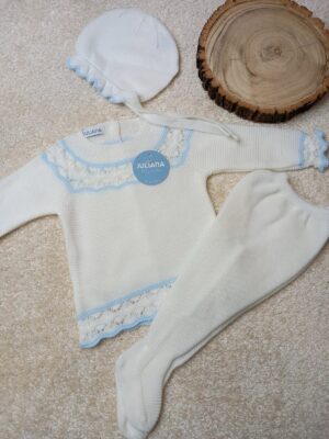 Conjunto polaina 3 P. canesu hojas blanco y celeste