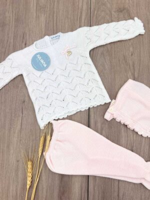 Conjunto polaina + capota rayado calado blanco y rosa