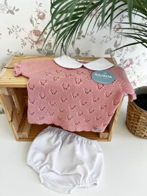 Conjunto braga rombos calados rosa empolvado