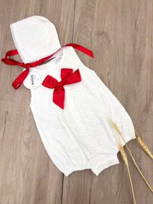Pelele blanco brocado lazo rojo + capota