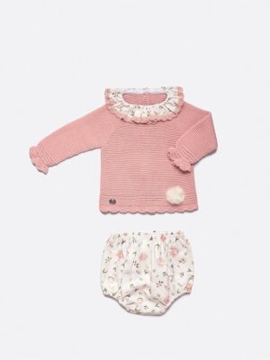 Conjunto braga flores volante rosa empolvado