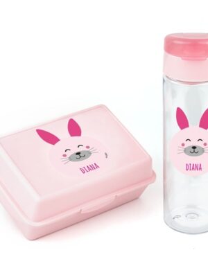 Pack Botella 600ml + Cajita Porta Alimentos Conejito Rosa