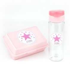 Pack Botella 600ml + Cajita Porta Alimentos Estrella Rosa personalizadas