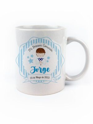 Taza cerámica comunión azul personalizada