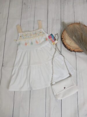 Vestido blanco flecos + bolso
