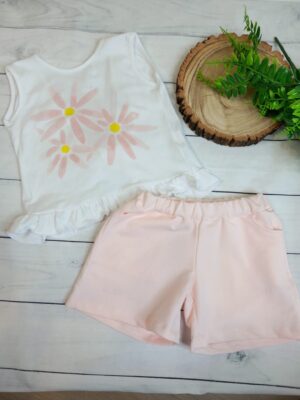 Conjunto rosa palo flores amarillas