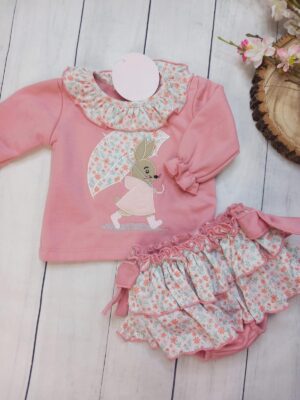Conjunto conejo paraguas rosa