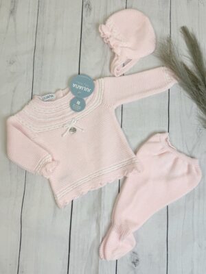 Conjunto tres piezas canesu motas rosa y blanco