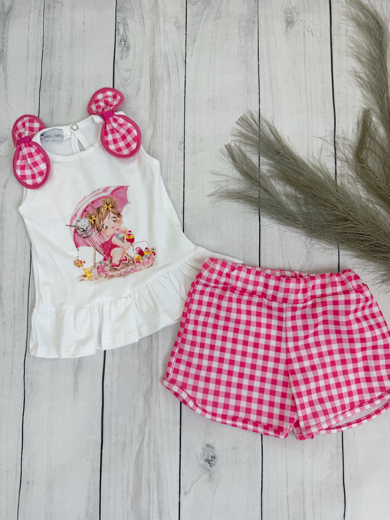 Conjunto niña en la playa cuadro vichy rosa 1