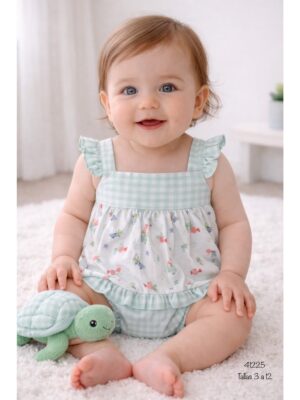 Conjunto tirantes vichy verde agua y peces