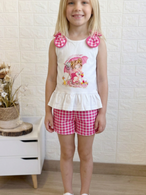 Conjunto niña en la playa cuadro vichy rosa