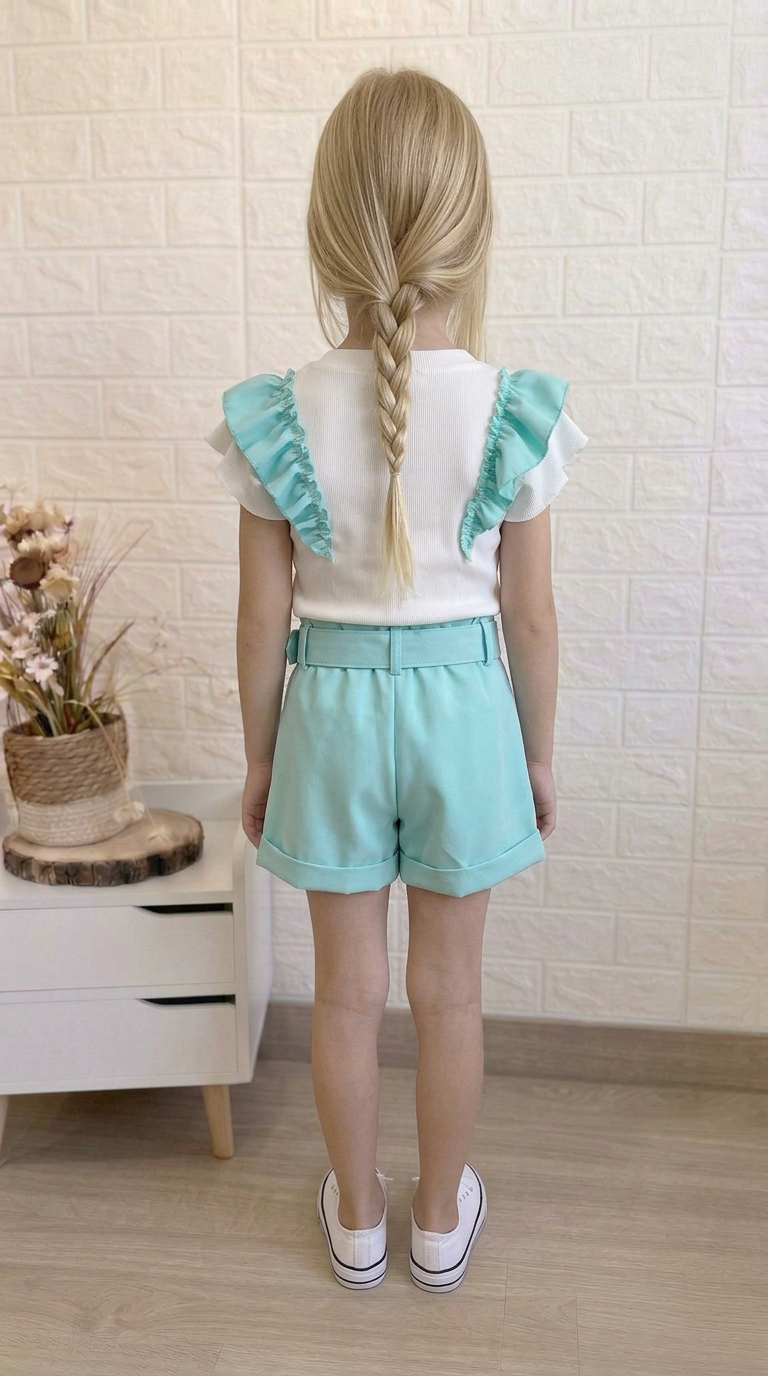 conjunto short y camiseta verde agua volante 2