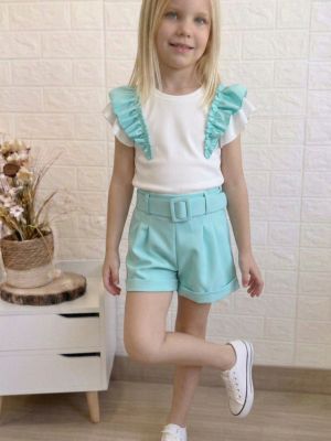 Conjunto short y camiseta verde agua volante