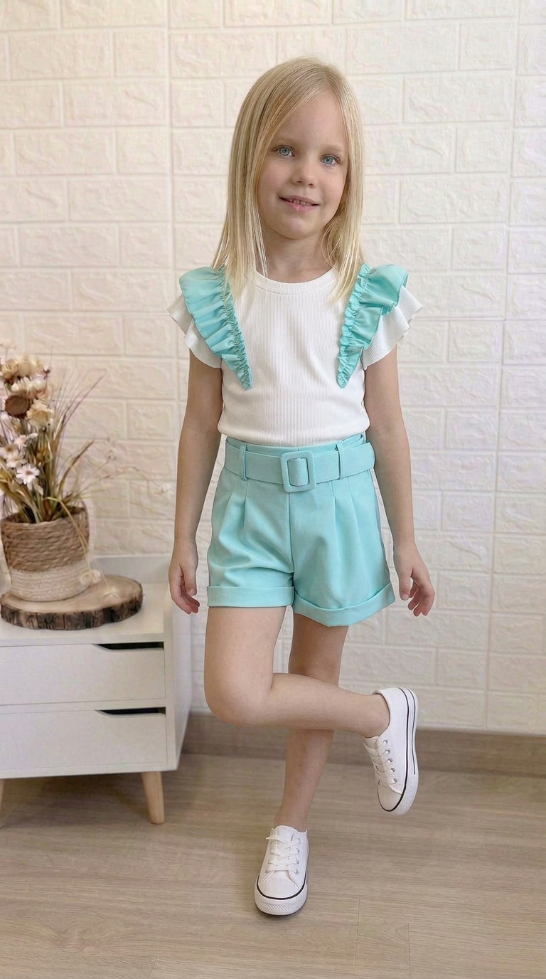conjunto short y camiseta verde agua volante