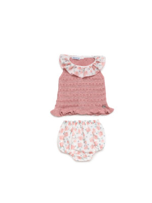 Conjunto braga tela flores cuello rosa empolvado y crudo