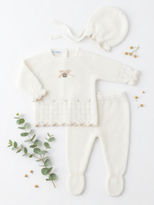Conjunto 3 piezas calado bodoques crudo y crema